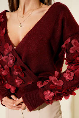 Dantelli Kruvaze Yaka Kazak Bordo - Kadın Giyim Modelleri