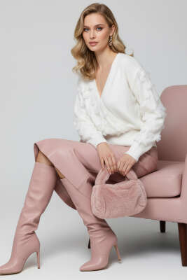 Dantelli Kruvaze Yaka Kazak Ekru - FOR ANGELS