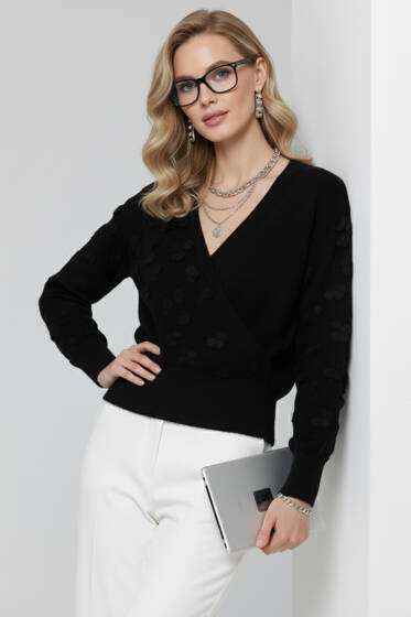 Dantelli Kruvaze Yaka Kazak Siyah - Kadın Giyim Modelleri