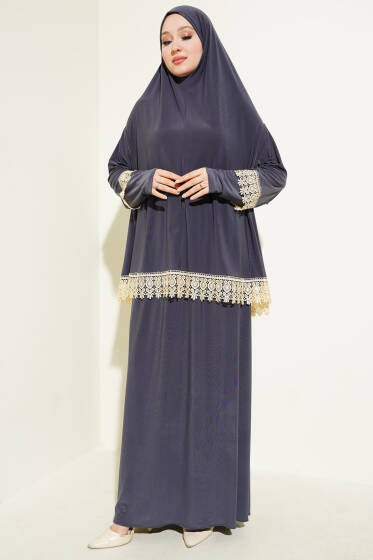 Dantelli Namaz Takımı Antrasit - Namaz Elbisesi