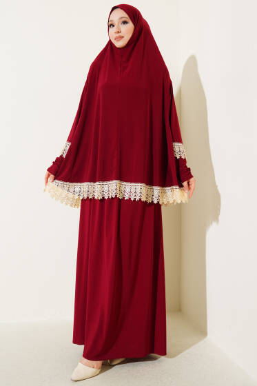 Dantelli Namaz Takımı Bordo - Namaz Elbisesi