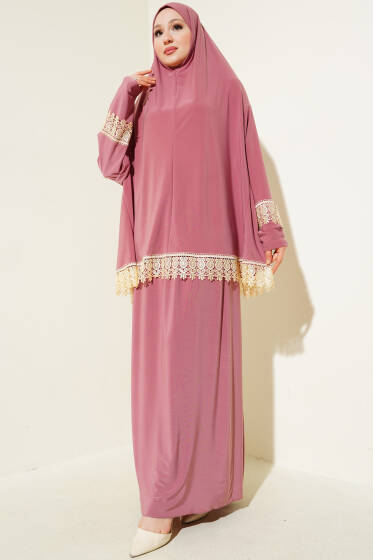 Dantelli Namaz Takımı Gül Kurusu - Namaz Elbisesi