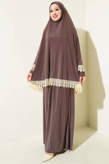 Dantelli Namaz Takımı Kestane - Namaz Elbisesi