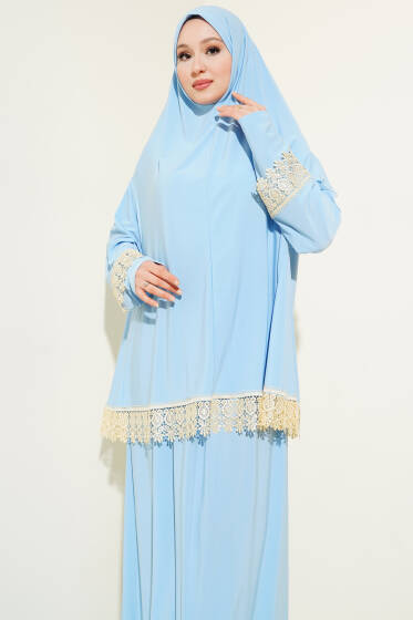 Dantelli Namaz Takımı Mavi - Namaz Elbisesi