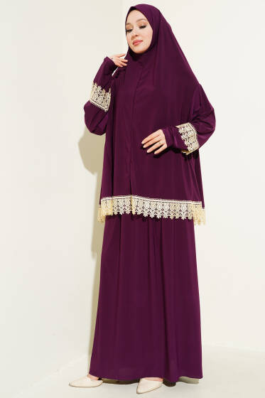 Dantelli Namaz Takımı Mürdüm - Namaz Elbisesi