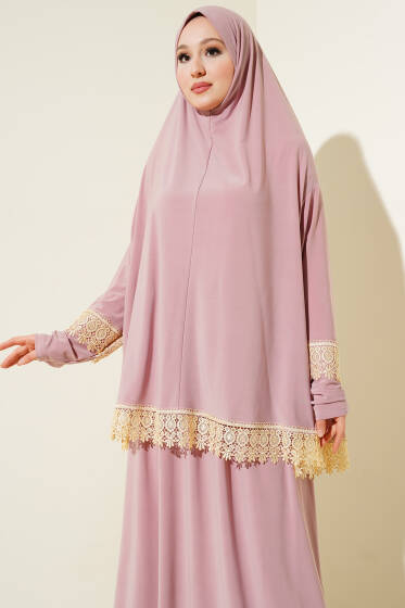 Dantelli Namaz Takımı Pers Gülü - Namaz Elbisesi