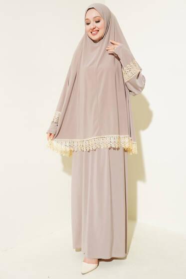 Dantelli Namaz Takımı Vizon - Namaz Elbisesi