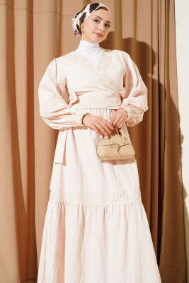 Dantelli Önden Bağlamalı Takım Bej - İkili Takım