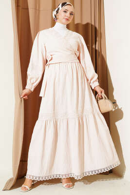 Dantelli Önden Bağlamalı Takım Bej 