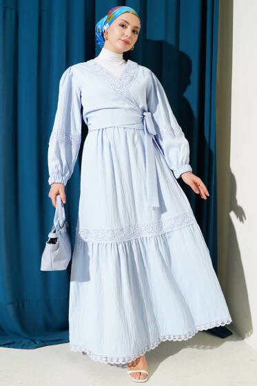 Dantelli Önden Bağlamalı Takım Buz Mavisi - İkili Takım