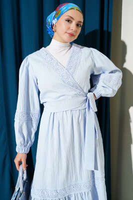 Dantelli Önden Bağlamalı Takım Buz Mavisi - İkili Takım