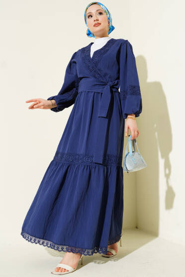 Dantelli Önden Bağlamalı Takım Lacivert - İkili Takım