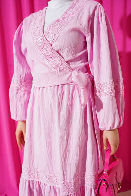 Dantelli Önden Bağlamalı Takım Pembe - İkili Takım