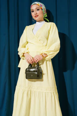 Dantelli Önden Bağlamalı Takım Sarı - İkili Takım