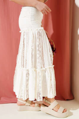 Dantelli Pileli Midi Etek Ekru - Kadın Giyim Modelleri