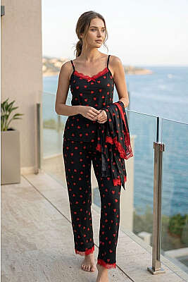 Dantelli Sabahlıklı 3'lü Pijama Takımı Siyah - Pijama