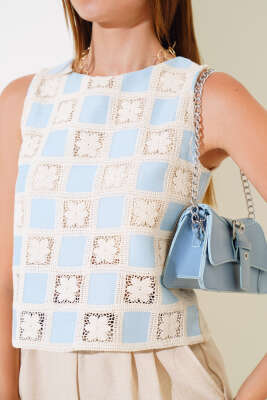 Dantelli Sıfır Kol Bluz Mavi - Yeni Giyim