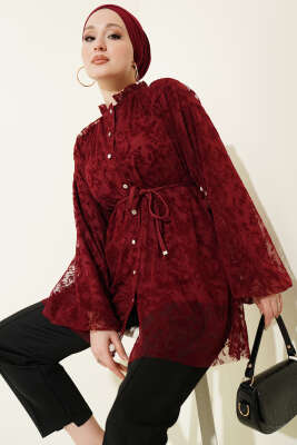 Dantelli Taş Düğmeli Salaş Gömlek Bordo - TABLO FASHİON