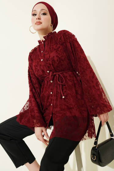 Dantelli Taş Düğmeli Salaş Gömlek Bordo - Gömlek