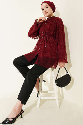 Dantelli Taş Düğmeli Salaş Gömlek Bordo - Gömlek