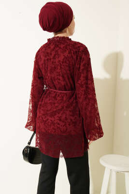 Dantelli Taş Düğmeli Salaş Gömlek Bordo - Gömlek