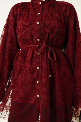 Dantelli Taş Düğmeli Salaş Gömlek Bordo - Gömlek