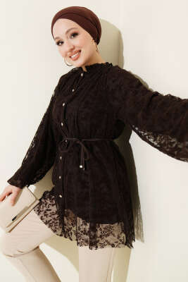 Dantelli Taş Düğmeli Salaş Gömlek Kahve - TABLO FASHİON