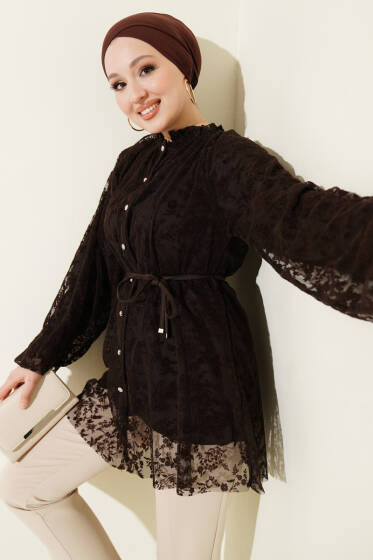 Dantelli Taş Düğmeli Salaş Gömlek Kahve - Gömlek