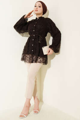 Dantelli Taş Düğmeli Salaş Gömlek Kahve - Gömlek