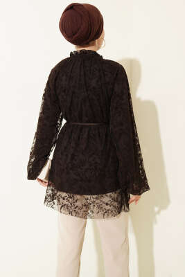 Dantelli Taş Düğmeli Salaş Gömlek Kahve - Gömlek