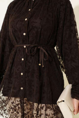 Dantelli Taş Düğmeli Salaş Gömlek Kahve - Gömlek