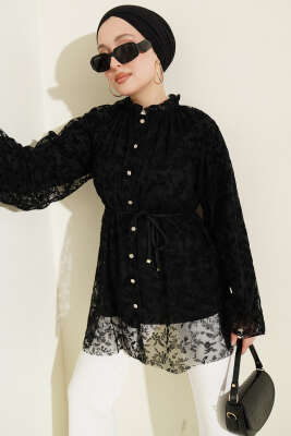 Dantelli Taş Düğmeli Salaş Gömlek Siyah - TABLO FASHİON