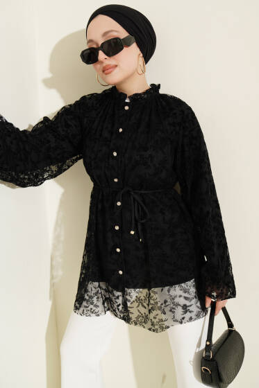 Dantelli Taş Düğmeli Salaş Gömlek Siyah - Gömlek