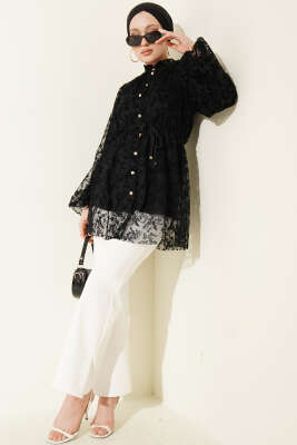 Dantelli Taş Düğmeli Salaş Gömlek Siyah - Gömlek