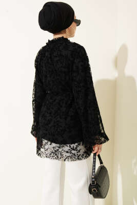 Dantelli Taş Düğmeli Salaş Gömlek Siyah - Gömlek