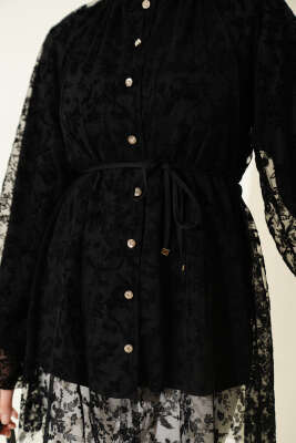 Dantelli Taş Düğmeli Salaş Gömlek Siyah - Gömlek