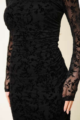 Dantelli Tül Yan Büzgülü Elbise Siyah - Kadın Giyim Modelleri