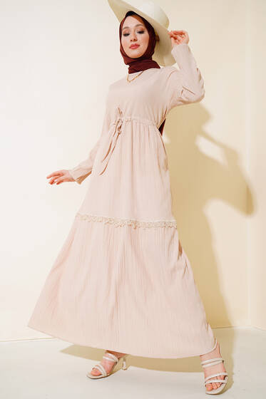 Dantelli Tünelli Elbise Bej - Tesettür Elbise