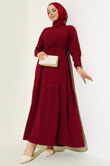 Dantelli Tünelli Elbise Bordo - Elbise