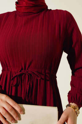 Dantelli Tünelli Elbise Bordo - Tesettür Elbise