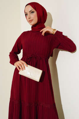 Dantelli Tünelli Elbise Bordo - Tesettür Elbise
