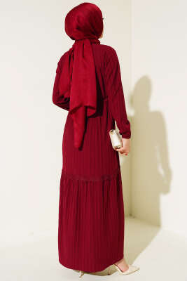 Dantelli Tünelli Elbise Bordo - Tesettür Elbise