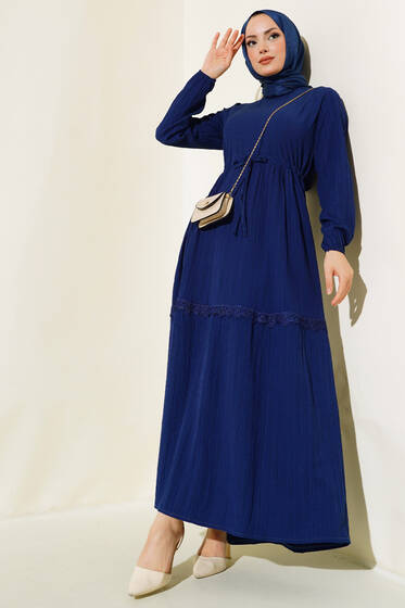 Dantelli Tünelli Elbise Lacivert - Elbise