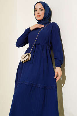 Dantelli Tünelli Elbise Lacivert - Tesettür Elbise