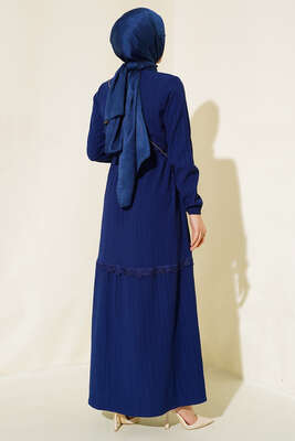 Dantelli Tünelli Elbise Lacivert - Tesettür Elbise