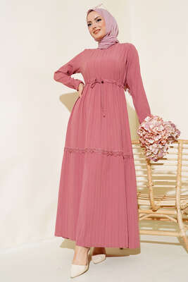 Dantelli Tünelli Elbise Pudra - Tesettür Elbise