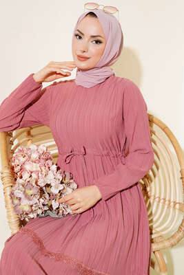 Dantelli Tünelli Elbise Pudra - Tesettür Elbise