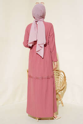 Dantelli Tünelli Elbise Pudra - Tesettür Elbise