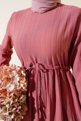 Dantelli Tünelli Elbise Pudra - Tesettür Elbise