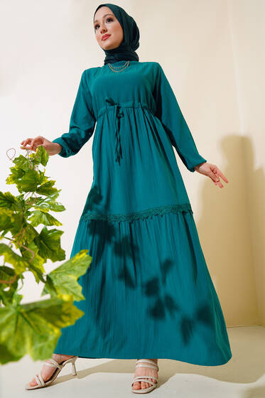 Dantelli Tünelli Elbise Zümrüt - Tesettür Elbise